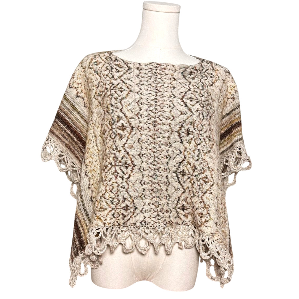 Free People Casablanca Poncho Ivory Patterned Crochet Trim Knit Cape Small Boho